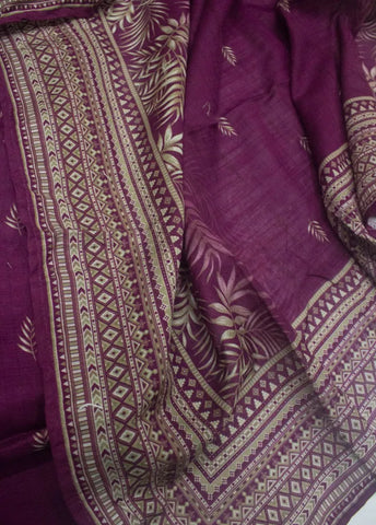 3 Piece Printed Stitched Plum Color Khaddar Shirt with Trouser & Dupatta