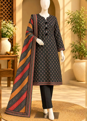 3 Piece Printed Stitched Black Color Khaddar Shirt with Trouser & Dupatta