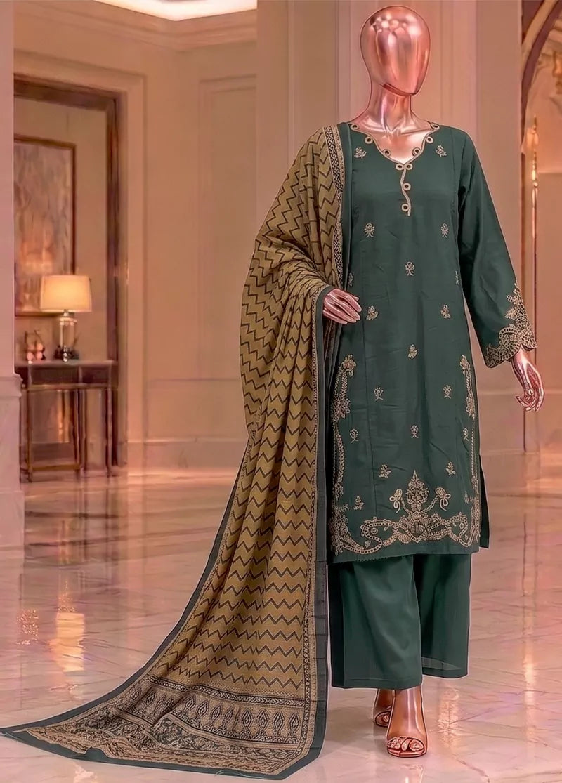3 Piece Embroidered Stitched Bottle Green Color Khaddar Shirt with Trouser & Dupatta