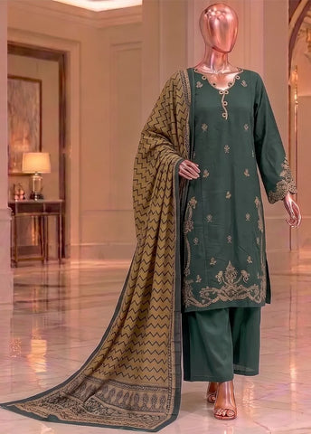 3 Piece Embroidered Stitched Bottle Green Color Khaddar Shirt with Trouser & Dupatta