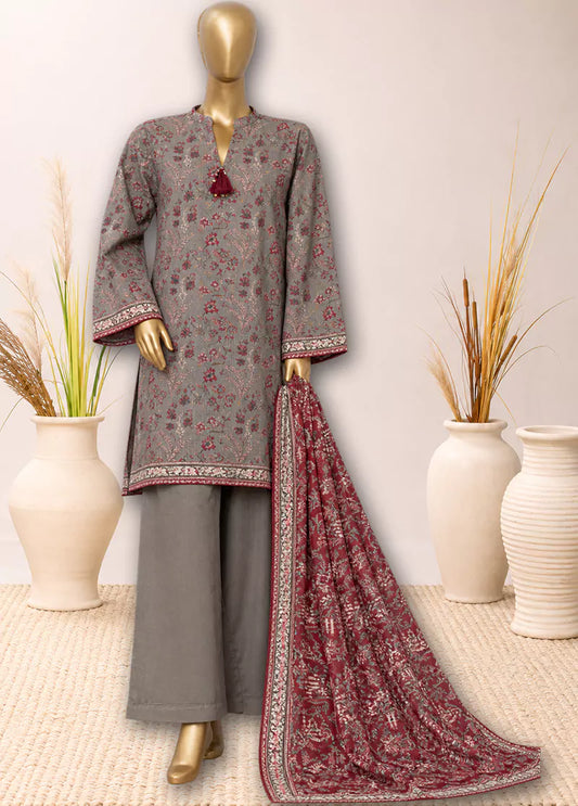 3 Piece Printed Stitched Grey Color Khaddar Shirt with Trouser & Dupatta
