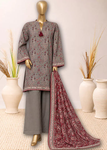 3 Piece Printed Stitched Grey Color Khaddar Shirt with Trouser & Dupatta