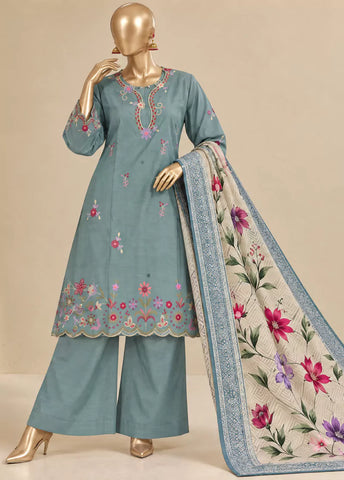 3 Piece Embroidered Stitched Pastel Blue Color Khaddar Shirt with Trouser & Dupatta