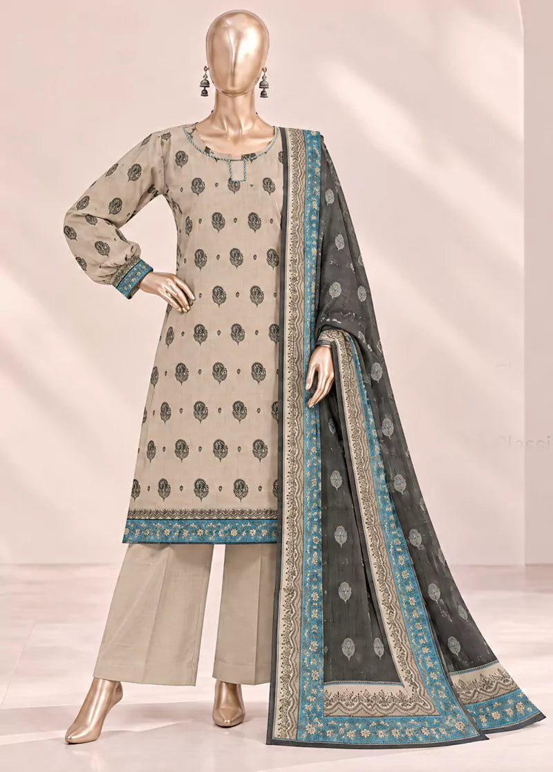 3 Piece Printed Stitched Ivory Color Khaddar Shirt with Trouser & Dupatta
