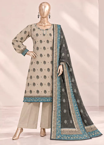 3 Piece Printed Stitched Ivory Color Khaddar Shirt with Trouser & Dupatta