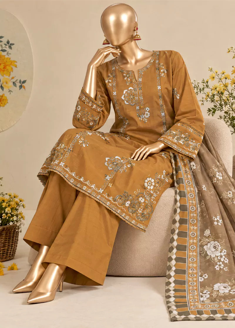 3 Piece Embroidered Stitched Mustard Color Khaddar Shirt with Trouser & Dupatta