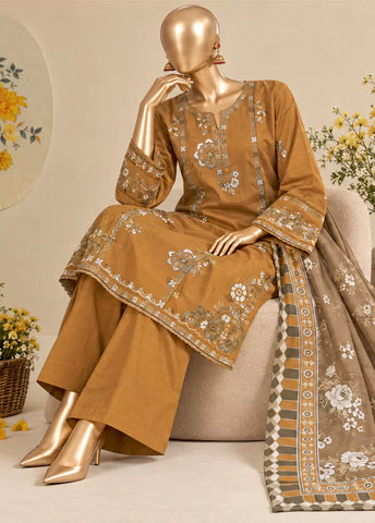 3 Piece Embroidered Stitched Mustard Color Khaddar Shirt with Trouser & Dupatta