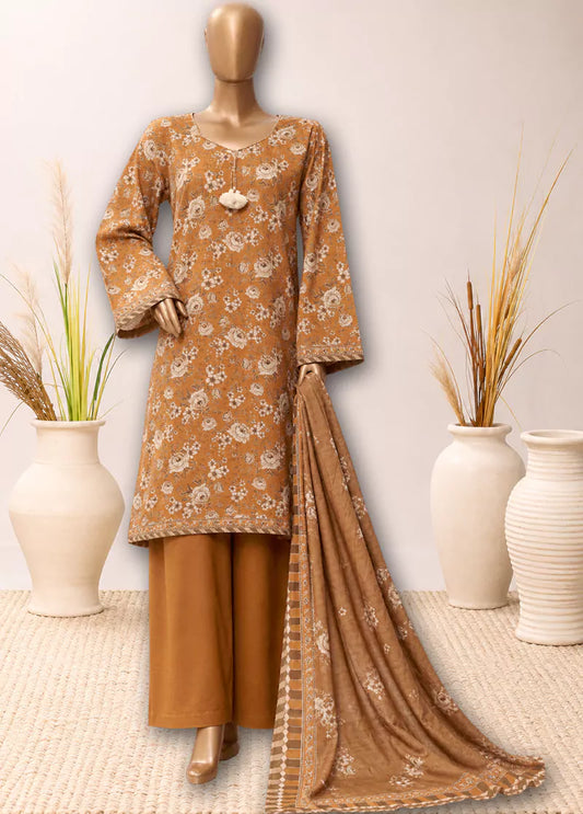 3 Piece Printed Stitched Honey Orange Color Khaddar Shirt with Shalwar & Dupatta