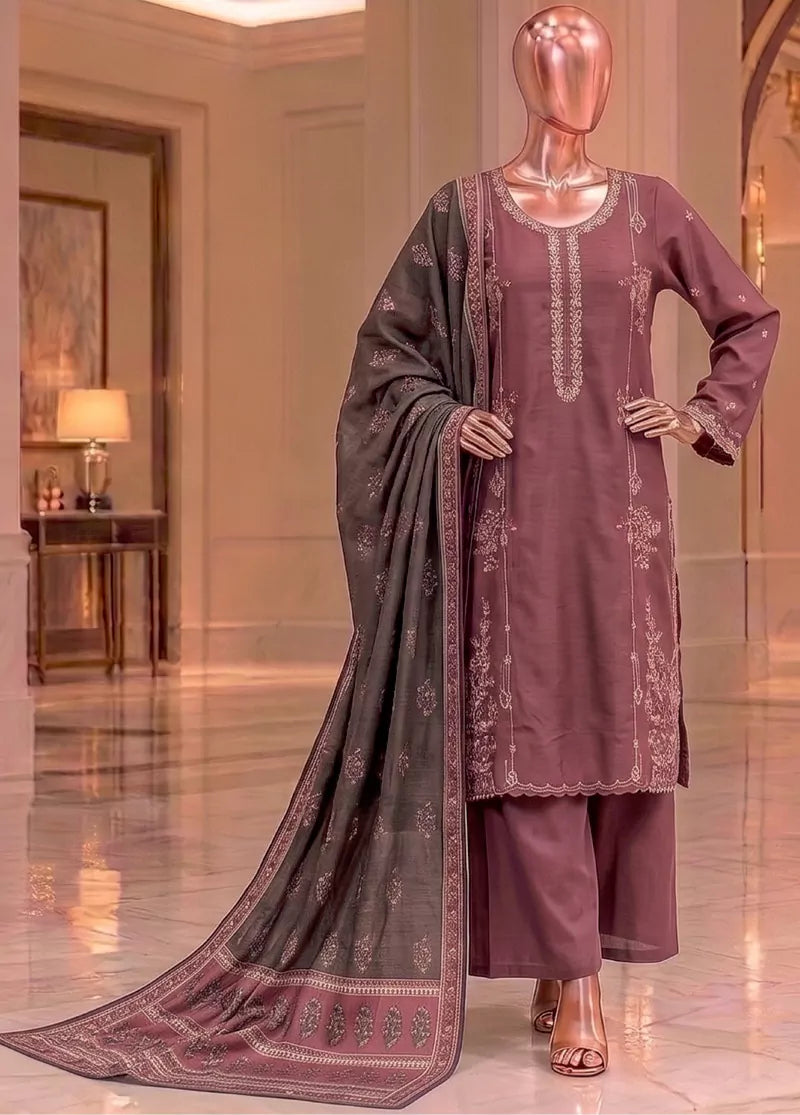 3 Piece Embroidered Stitched Muave Color Khaddar Shirt with Trouser & Dupatta