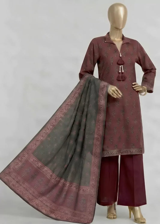 3 Piece Printed Stitched Maroon Color Khaddar Shirt with Trouser & Dupatta
