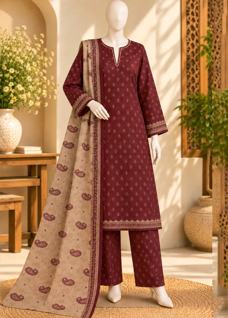 3 Piece Printed Stitched Maroon Color Khaddar Shirt with Trouser & Dupatta