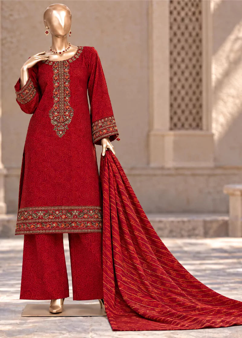3 Piece Embroidered Stitched Red Color Khaddar Shirt with Trouser & Dupatta