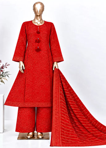 3 Piece Printed Stitched Red Color Khaddar Frock with Trouser & Dupatta