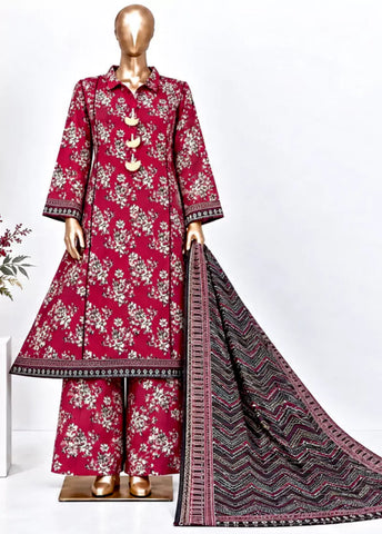 3 Piece Printed Stitched Red Color Khaddar Frock with Trouser & Dupatta