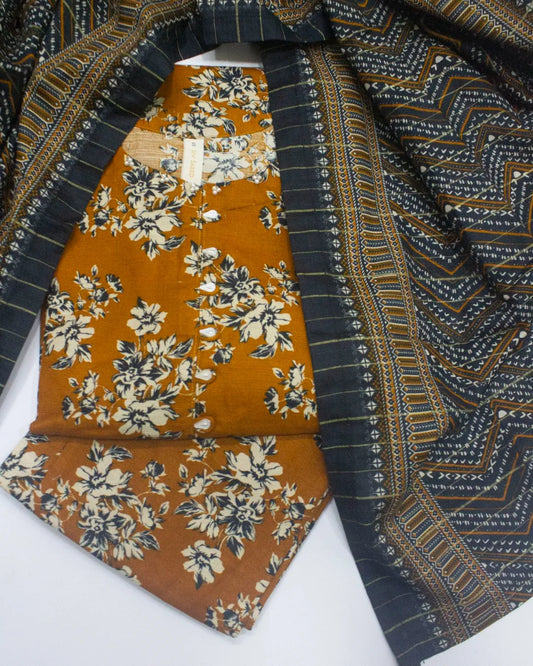 3 Piece Printed Stitched Honey Orange Color Khaddar Shirt with Trouser & Dupatta