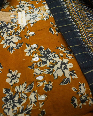 3 Piece Printed Stitched Honey Orange Color Khaddar Shirt with Trouser & Dupatta