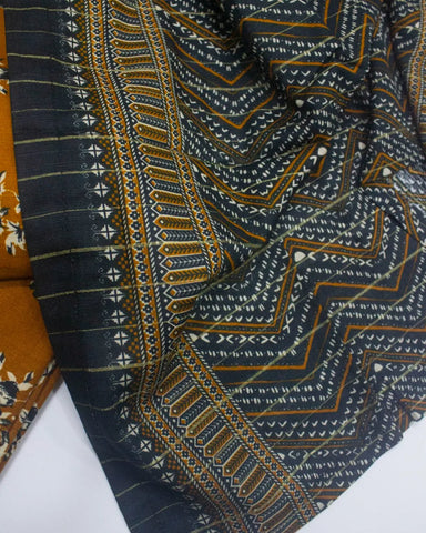 3 Piece Printed Stitched Honey Orange Color Khaddar Shirt with Trouser & Dupatta