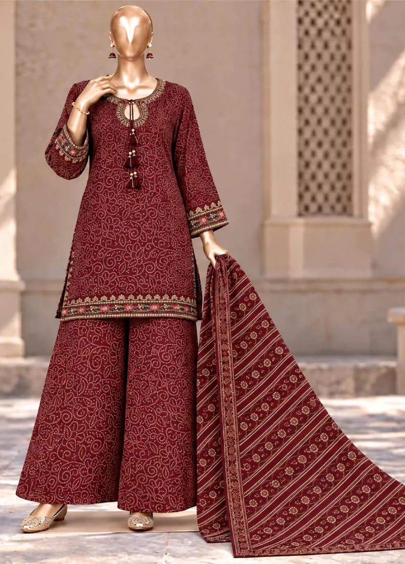 3 Piece Embroidered Stitched Maroon Color Khaddar Shirt with Trouser & Dupatta