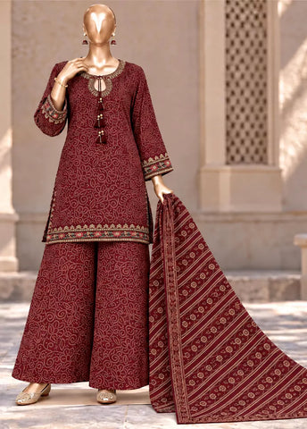 3 Piece Embroidered Stitched Maroon Color Khaddar Shirt with Trouser & Dupatta