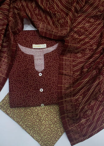 3 Piece Printed Stitched Maroon Color Khaddar Shirt with Trouser & Dupatta