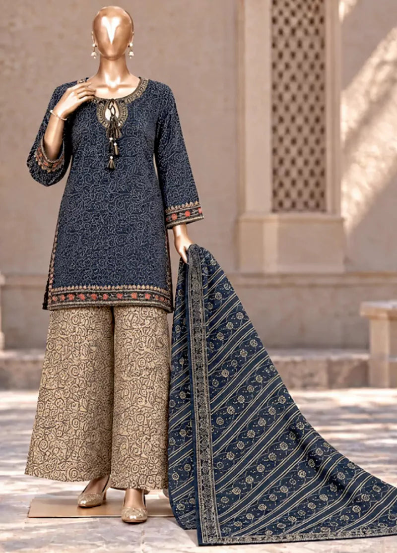 3 Piece Embroidered Stitched Blue Color Khaddar Shirt with Trouser & Dupatta