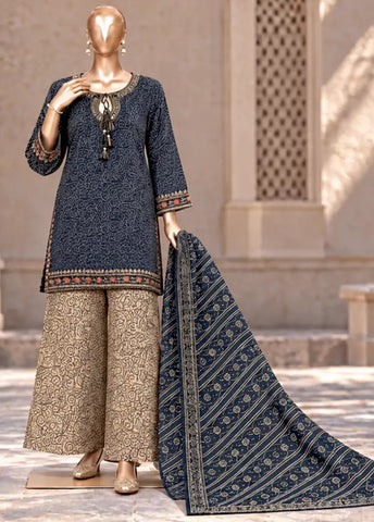 3 Piece Embroidered Stitched Blue Color Khaddar Shirt with Trouser & Dupatta
