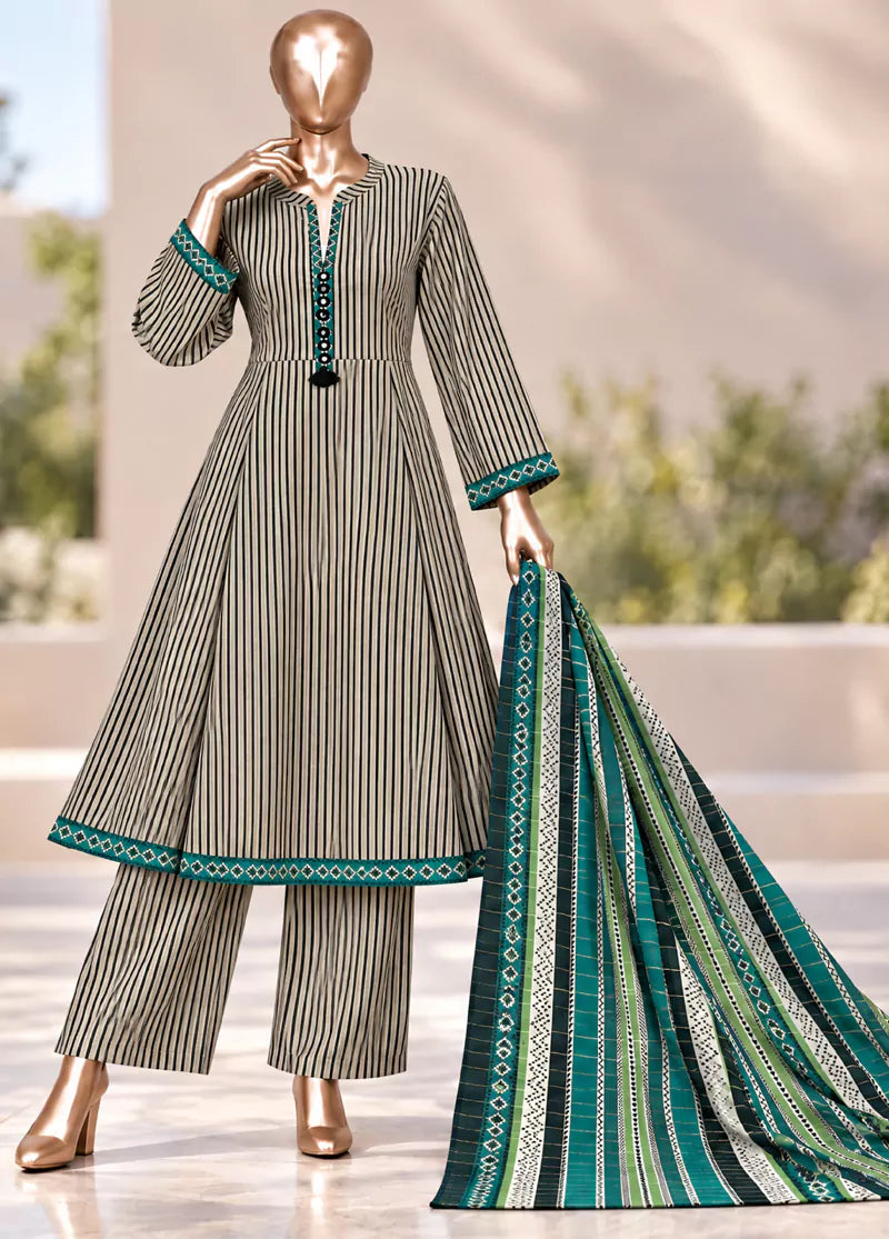 3 Piece Printed Stitched Black & Beige Color Khaddar Frock with Trouser & Dupatta
