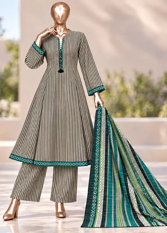 3 Piece Printed Stitched Black & Beige Color Khaddar Frock with Trouser & Dupatta