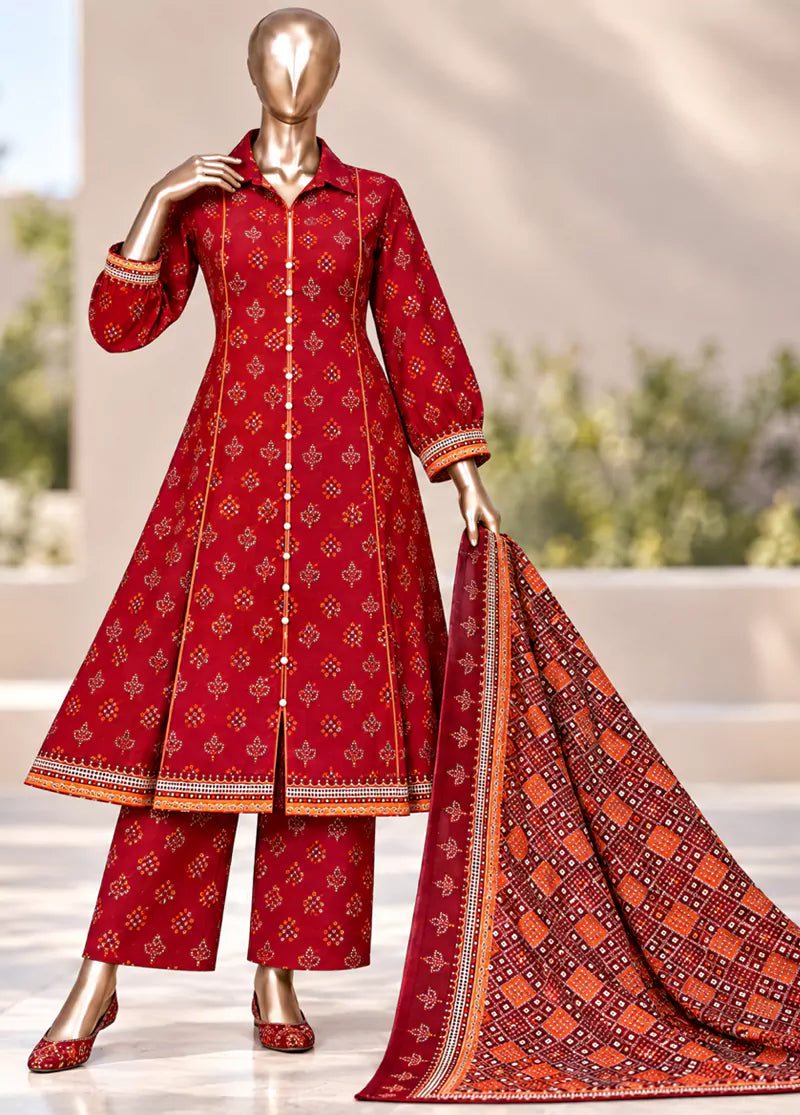 3 Piece Printed Stitched Red Color Khaddar Frock with Trouser & Dupatta