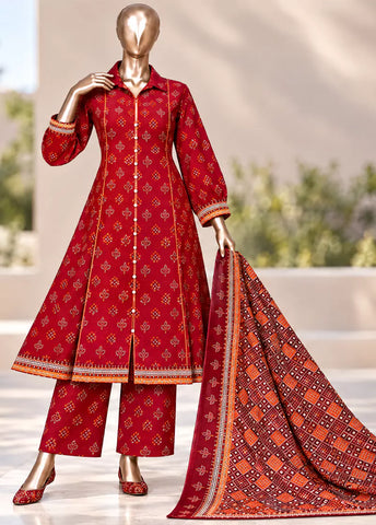 3 Piece Printed Stitched Red Color Khaddar Frock with Trouser & Dupatta