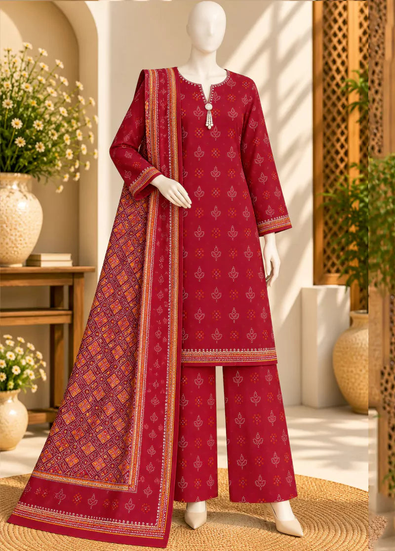 3 Piece Printed Stitched Red Color Khaddar Shirt with Trouser & Dupatta