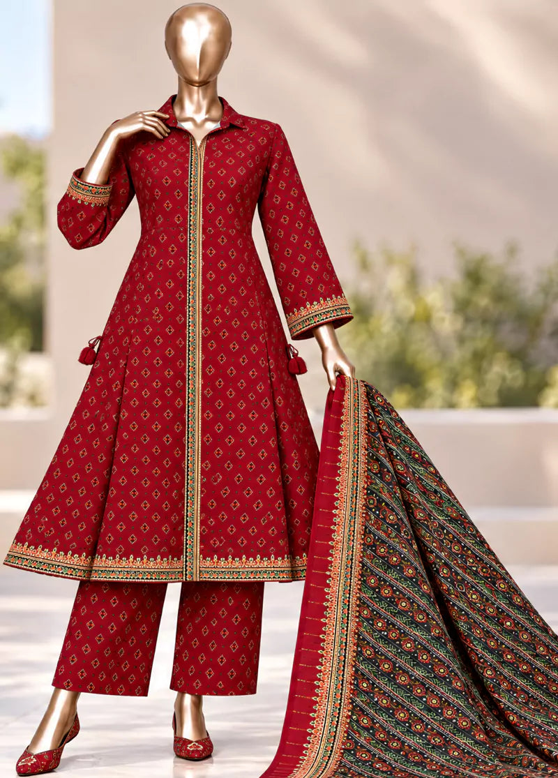 3 Piece Printed Stitched Red Color Khaddar Frock with Trouser & Dupatta