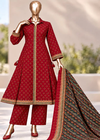 3 Piece Printed Stitched Red Color Khaddar Frock with Trouser & Dupatta