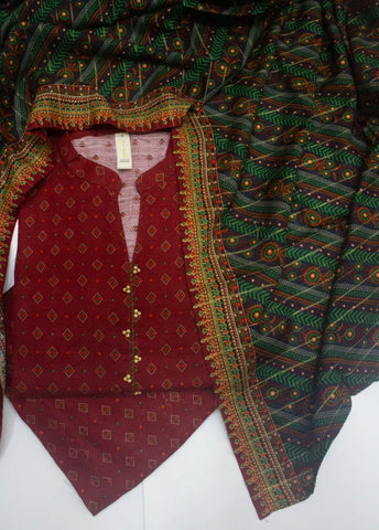 3 Piece Printed Stitched Red Color Khaddar Shirt with Trouser & Dupatta