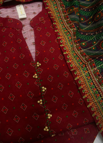 3 Piece Printed Stitched Red Color Khaddar Shirt with Trouser & Dupatta