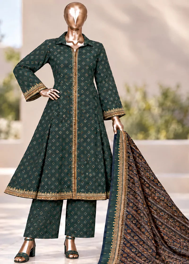 3 Piece Printed Stitched Teal Color Khaddar Frock with Trouser & Dupatta