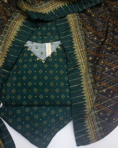 3 Piece Printed Stitched Bottle Green Color Khaddar Shirt with Trouser & Dupatta