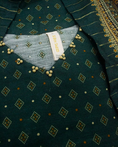 3 Piece Printed Stitched Bottle Green Color Khaddar Shirt with Trouser & Dupatta