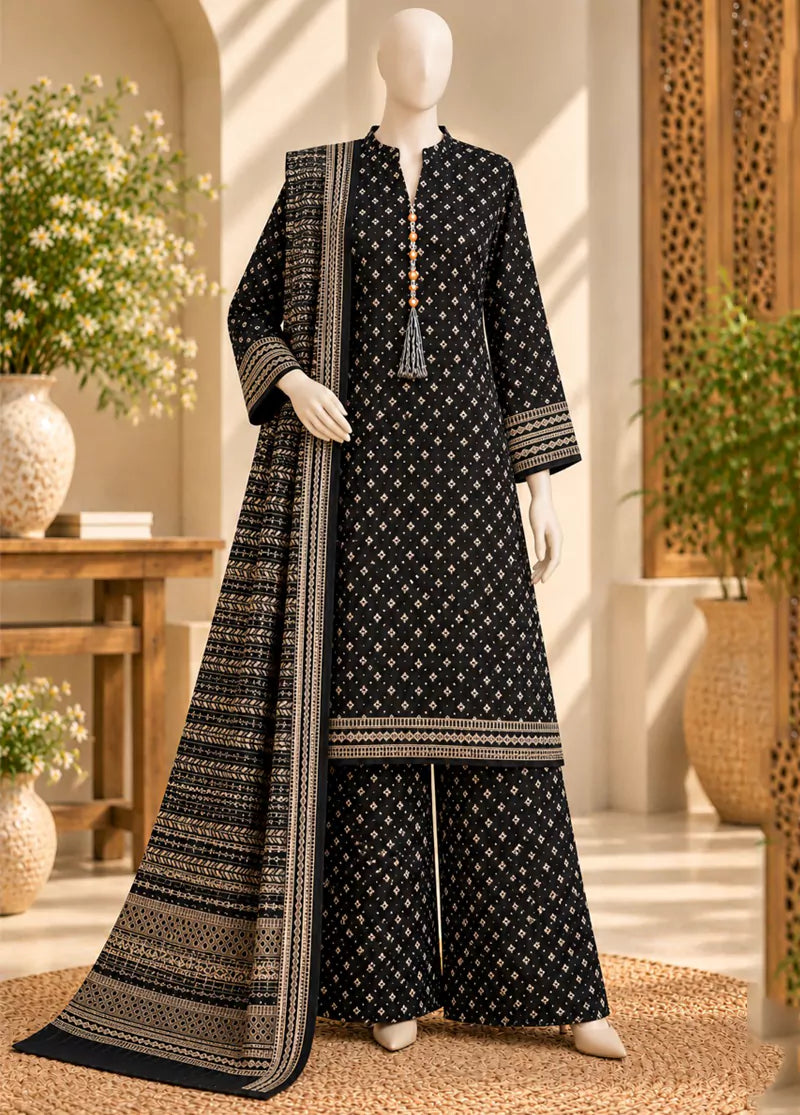 3 Piece Printed Stitched Black Color Khaddar Shirt with Trouser & Dupatta