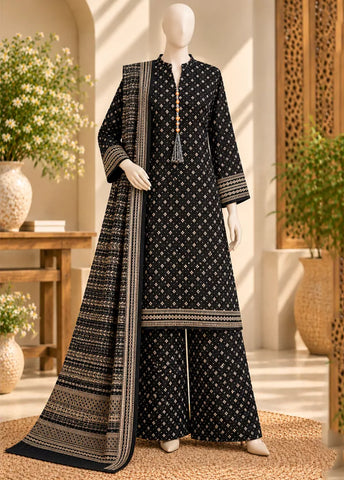 3 Piece Printed Stitched Black Color Khaddar Shirt with Trouser & Dupatta