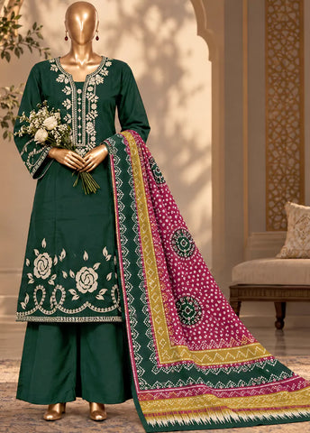 3 Piece Embroidered Stitched Bottle Green Color Khaddar Shirt with Trouser & Dupatta
