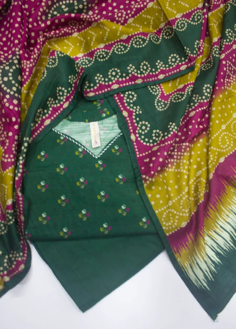 3 Piece Printed Stitched Bottle Green Color Khaddar Shirt with Trouser & Dupatta