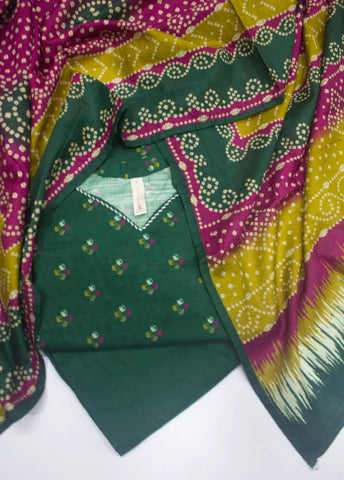 3 Piece Printed Stitched Bottle Green Color Khaddar Shirt with Trouser & Dupatta