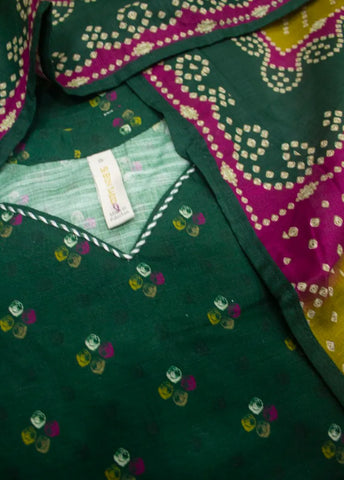 3 Piece Printed Stitched Bottle Green Color Khaddar Shirt with Trouser & Dupatta