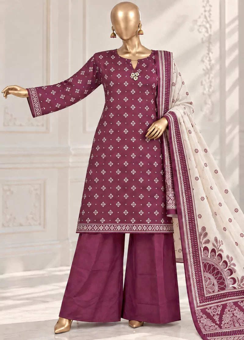 3 Piece Printed Stitched Margenta Color Khaddar Shirt with Trouser & Dupatta