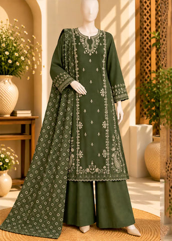 3 Piece Embroidered Stitched Olive Green Color Khaddar Shirt with Trouser & Dupatta