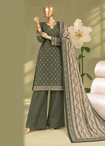 3 Piece Printed Stitched Olive Green Color Khaddar Shirt with Trouser & Dupatta