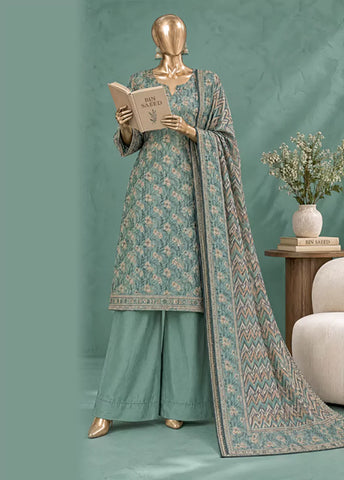 3 Piece Printed Stitched Light Blue Color Khaddar Shirt with Trouser & Dupatta