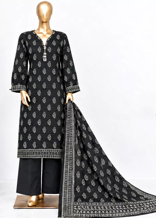 3 Piece Printed Stitched Black Color Khaddar Shirt with Trouser & Dupatta