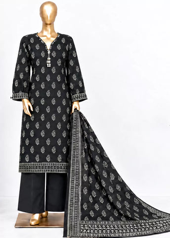 3 Piece Printed Stitched Black Color Khaddar Shirt with Trouser & Dupatta
